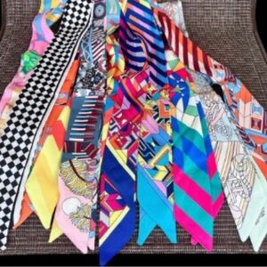 New colorful silk feel skinny scarf.